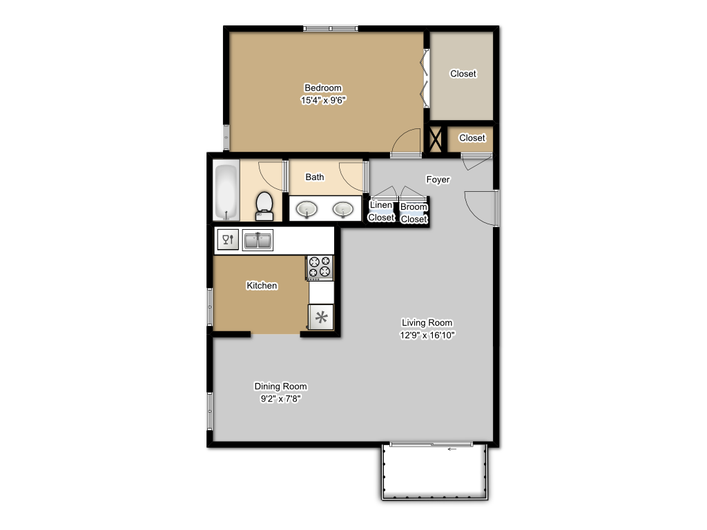 Floor plan for 1 bed, 1 bath, 886 sqft